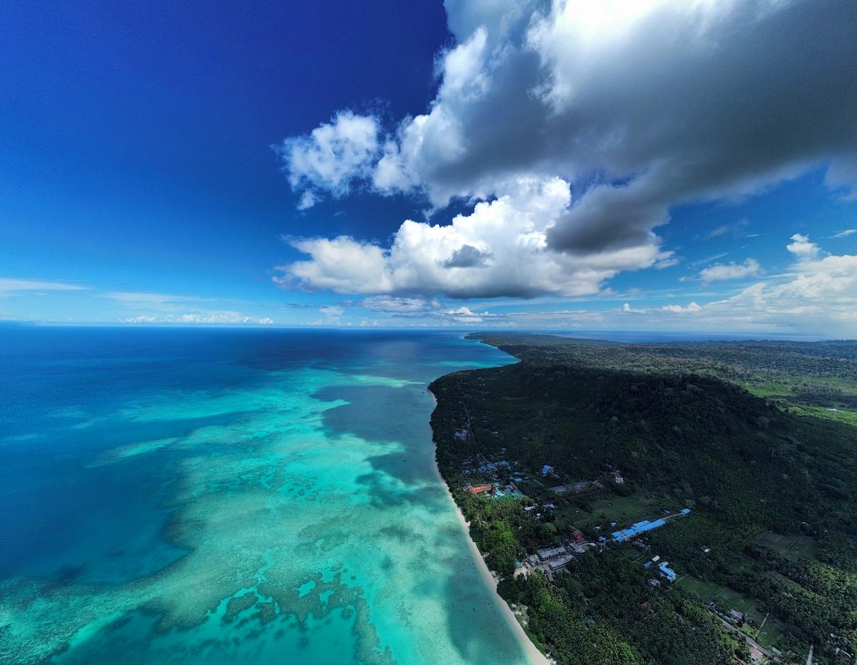 Aerial view of Radhanagar Beach on Havelock Island with turquoise waters, coral reefs, and lush tropical forest in the Andaman Islands